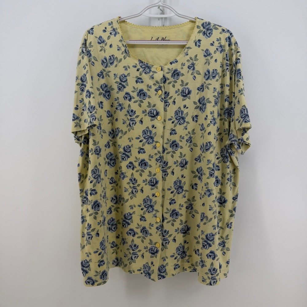 L.A. Blues Button Up Blouse Womens 22/24 Yellow Blue Floral Rose Cottagecore 90s